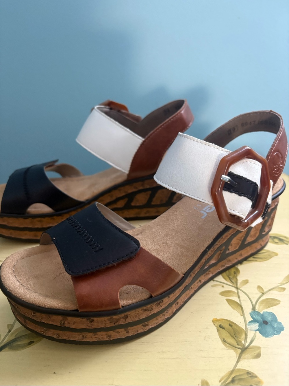 Rieker Women’s Tri-Color Platform Sandal - White, Brown & Black